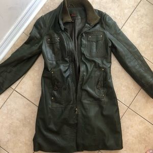 green leather trench coat